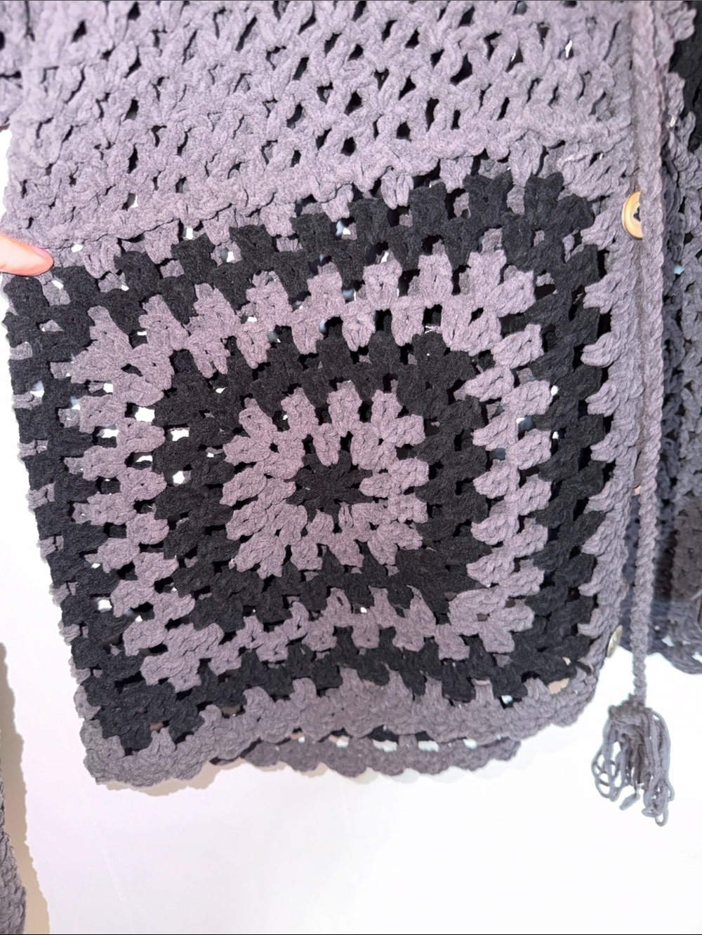 POL Charcoal Crochet Button‑Front Cardigan Sweater Knit Squares Size L - Picture 8 of 13